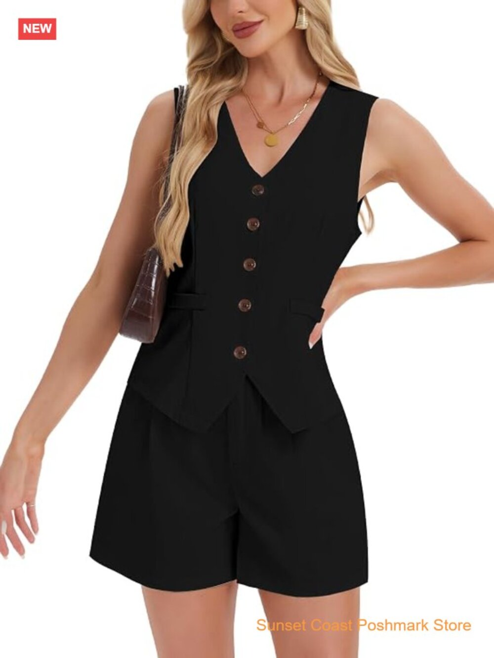 Women's Vest and Shorts Set V Neck Button Down Sleeveless Business Casual